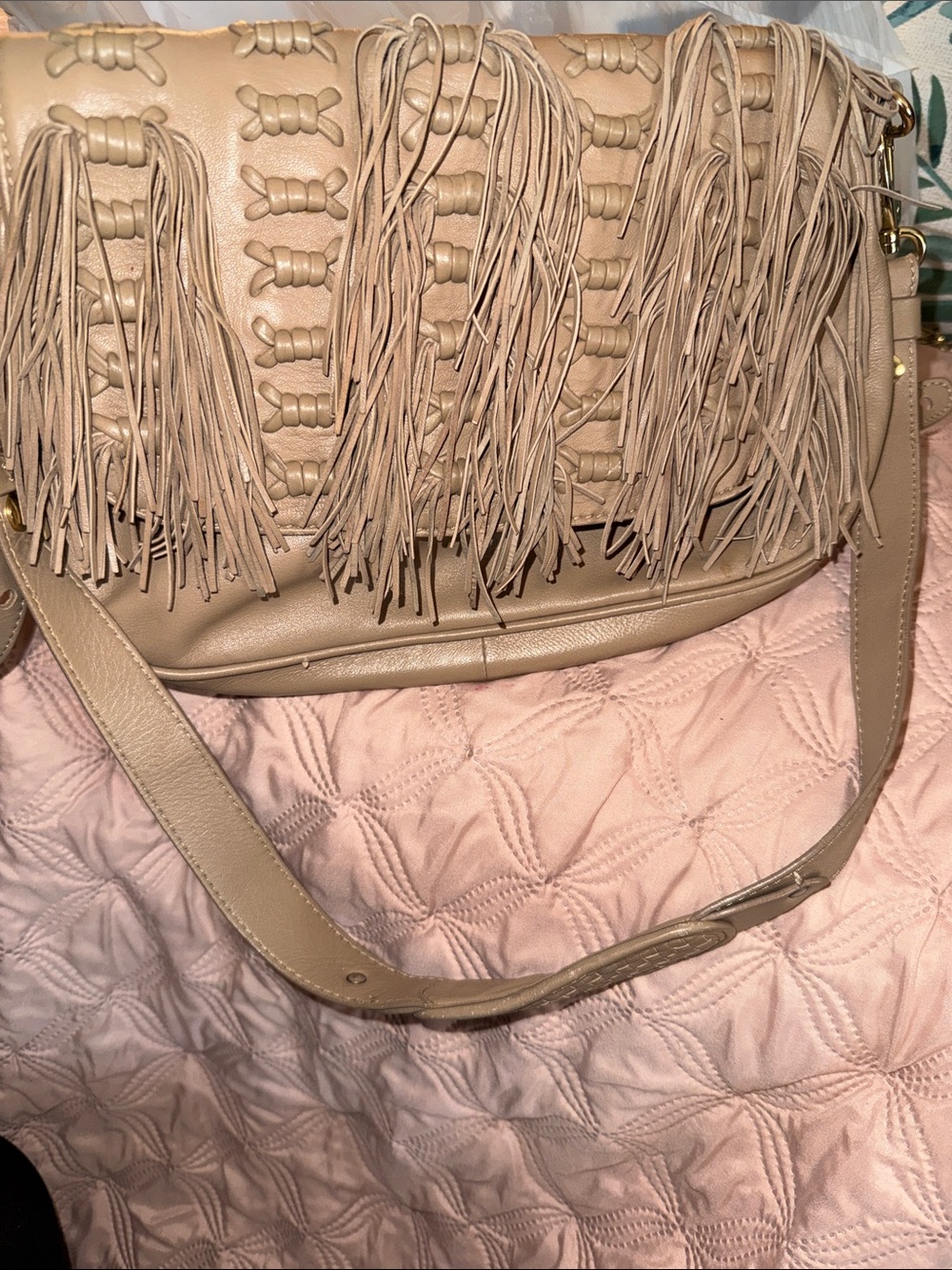 Beige Fringe Crossbody Bag with Braided Detail